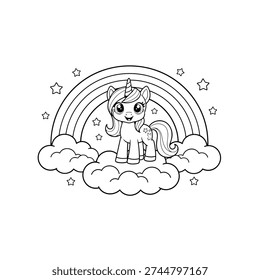 Dibujos para colorear de Crayola, Contorno de unicornio, postura de pie, arco iris, nubes, estrellas, arte