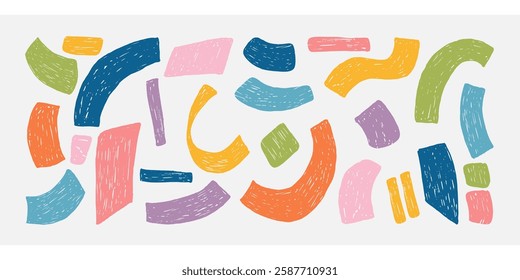 Crayon Abstract Confetti Shapes and Forms Set. Hand drawn retro confetti with crayon, chalk or charcoal texture drawn manual on paper. Bold groovy various confetti shapes set