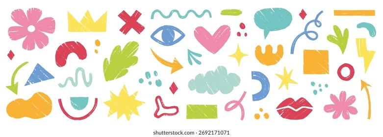Crayon abstract organic element set. Hand drawn sketch doodle scribble pastel brush geometric figure shape crayon texture background. Abstract arrow, circle, zigzag elements. Vector illustration