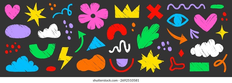 Conjunto de elementos orgânicos abstratos de giz de cera. Esboço desenhado à mão rabiscar rabiscar pastel pincel figura geométrica forma lápis textura fundo. Seta abstrata, círculo, elementos de ziguezague. Ilustração vetorial
