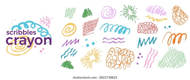 Crayon abstract scribbles, scratch, wavy lines collection with spontaneous strokes, chaotic marks, and expressive squiggles. Rough colorful pencil, pastel elements. Vector messy doodle decoration.