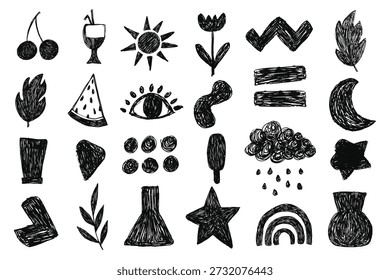 Crayon abstract shapes set. Geometric playful doodles in pencil, chalk drawing style. Y2K naive organic shapes set.