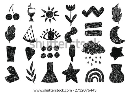 Crayon abstract shapes set. Geometric playful doodles in pencil, chalk drawing style. Y2K naive organic shapes set.