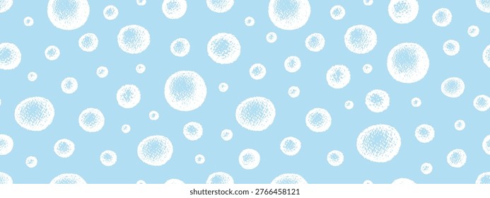 Crayon air bubbles in water, soap foam or champagne. Seamless pattern with blue hand drawn doodle balls with chalk texture on white background. Pattern with crayon soap bubbles, vector illustration