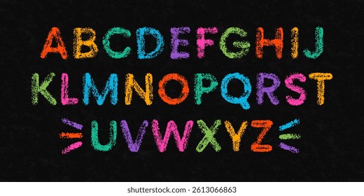 Crayon alphabet, chalk font letters on school blackboard. Color english type drawn with paint brush on black chalkboard. Doodle font signs with crayon pencil texture, vector illustration