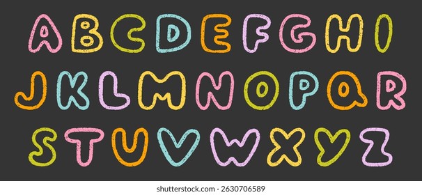Crayon alphabet doodle set. Chalk pencil font, school wax kid letters in sketch style. Hand drawn vector illustration isolated on black background.