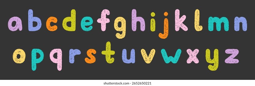 Crayon alphabet doodle set. Chalk pencil font, school wax kid letters in sketch style. Hand drawn vector illustration isolated on black background.