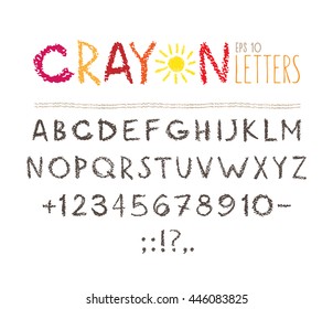 Crayon alphabet isolated on white background. Pastel ABC. Wax chalk font. Hand drawn vector illustration.