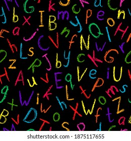 Crayon alphabet pattern. Children drawing style color letters collection. Hand drawn wax crayons font on white background. Chalk abc print. Alphabet crayon symbols. Chalk styled type background.
