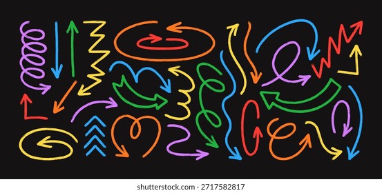 Conjunto de iconos dibujado a mano de flecha de crayón. Curvas de lápiz de Vector Doodle, espirales, líneas onduladas, ZigZags en Colores coloridos para Plantillas infantiles, promociones y Diseño web.