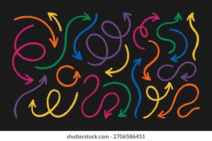 Crayon Arrow Icons Set. Vector Hand Drawn Pencil Wave Shapes in Kids Style. Doodle Curve Line Arrows for Template, Promo and Web Design