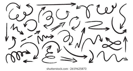 Crayon arrow sketches collection - hand drawn doodle style pointers, curved lines, round swirls. Chaotic scribbling, artistic design elements set. Black grunge brush strokes isolated on white bg.