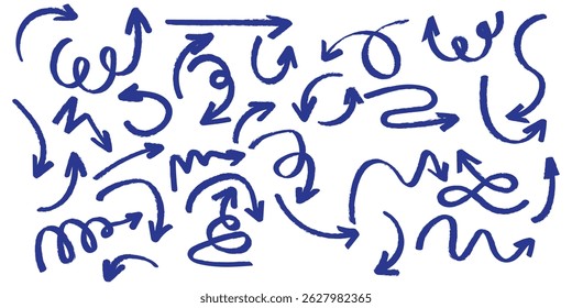 Crayon arrow sketches collection - hand drawn doodle style pointers, curved lines, round swirls. Chaotic scribbling, artistic design elements set. Black grunge brush strokes isolated on white bg