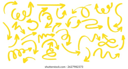 Crayon arrow sketches collection - hand drawn doodle style pointers, curved lines, round swirls. Chaotic scribbling, artistic design elements set. Black grunge brush strokes isolated on white bg