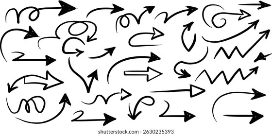 Crayon arrow sketches collection - hand drawn doodle style pointers, curved lines, round swirls. Chaotic scribbling, artistic design elements set.