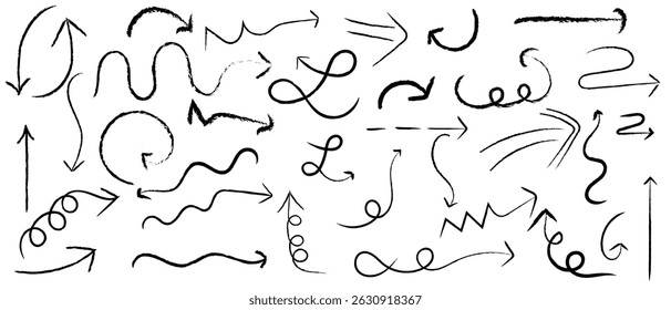 Crayon arrow sketches collection - hand drawn doodle style pointers, curved lines, round swirls. Chaotic scribbling, artistic design elements set. Black grunge brush strokes