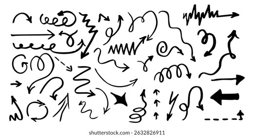 Crayon arrow sketches collection - hand drawn doodle style pointers, curved lines, round swirls. Chaotic scribbling, artistic design elements set. Black grunge brush strokes isolated on white bg