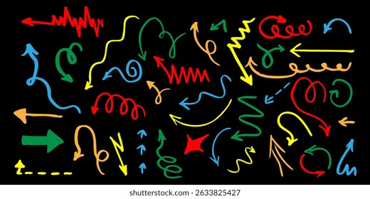 Crayon arrow sketches collection - hand drawn doodle style pointers, curved lines, round swirls. Chaotic scribbling, artistic design elements set. Black grunge brush strokes isolated on white bg