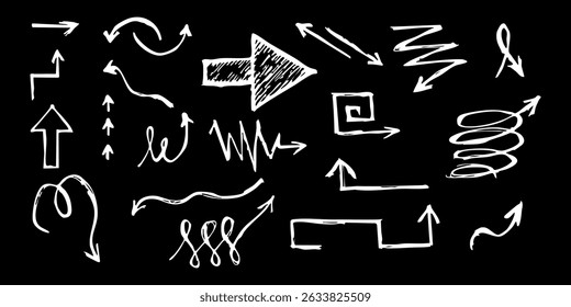 Crayon arrow sketches collection - hand drawn doodle style pointers, curved lines, round swirls. Chaotic scribbling, artistic design elements set. Black grunge brush strokes isolated on white bg