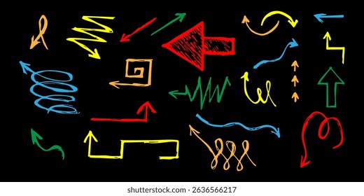 Crayon arrow sketches collection - hand drawn doodle style pointers, curved lines, round swirls. Chaotic scribbling, artistic design elements set. Black grunge brush strokes isolated on white bg