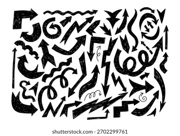 Setas de giz de cera ou textura de carvão vegetal. Elementos coloridos desenhados à mão em estilo punk grunge. Ótimo para cartazes e decoração. Ilustração de esboço vetorial isolada em um fundo branco
