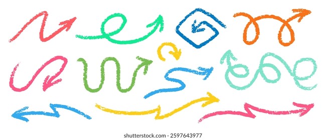 Crayon Arrows Squiggle Vector Set. Chalk Scribble Pointer Shapes Collection. Colorful Hand Drawn Brush Texture Spiral Swirls. Pencil Emphasis Elements Charcoal Doodle Curved Symbols Bundle