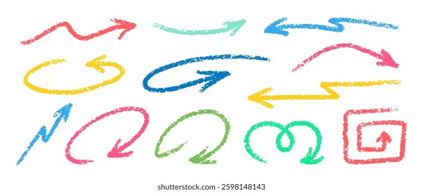 Crayon Arrows Squiggle Vector Set. Chalk Scribble Pointer Shapes Collection. Colorful Hand Drawn Brush Texture Spiral Swirls. Pencil Emphasis Elements Charcoal Doodle Curved Symbols Bundle