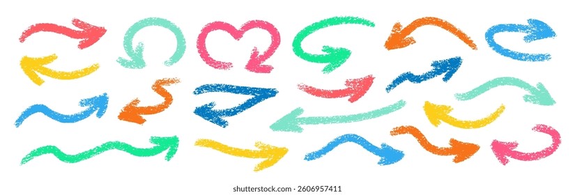 Crayon Arrows Squiggle Vector Set. Chalk Scribble Pointer Shapes Collection. Colorful Hand Drawn Brush Texture Spiral Swirls. Pencil Emphasis Elements Charcoal Doodle Curved Symbols Bundle