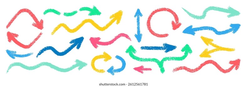 Crayon Arrows Squiggle Vector Set. Chalk Scribble Pointer Shapes Collection. Colorful Hand Drawn Brush Texture Spiral Swirls. Pencil Emphasis Elements Charcoal Doodle Curved Symbols Bundle