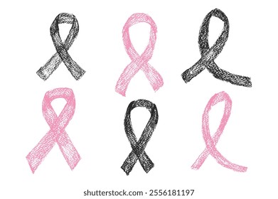 Crayon awareness pink and black ribbons set. Breast cancer symbol of solidarity campaign doodle isolated on white background. elements. Vector drawn by pencil illustration