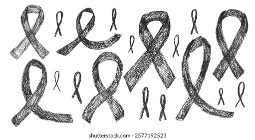 Crayon awareness ribbon set. Symbol of solidarity campaign doodle isolated on white background. elements. Vector drawn by pencil illustration