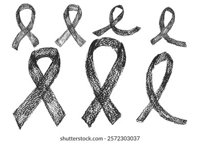 Crayon awareness ribbons set. Symbol of solidarity campaign doodle isolated on white background. elements. Vector drawn by pencil illustration