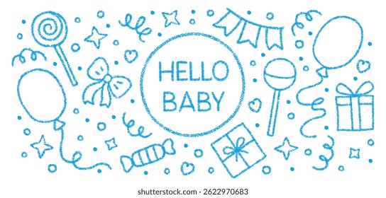 Plano de fundo de giz de cera para aniversário de bebê. Esboço de giz azul bonito para chá de bebê. Lápis de giz de cera bg com doces, balões, confete e caixa de presente. Cartaz de aniversário de menino recém-nascido, ilustração vetorial