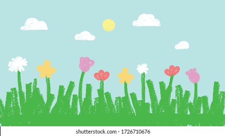 Crayon background landscape grass and colorful flowers art vector illustration 