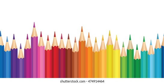 Crayon background. Many colored wooden pencils vector illustration. Colorful pencil seamless horizontal border.