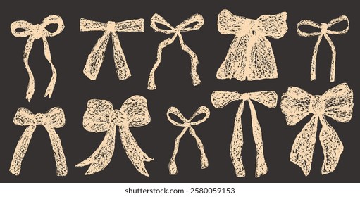 Crayon birthday bows set. Ribbons chalk drawn collection. Gift and hair bands vector decorations pack. Vector illustration.