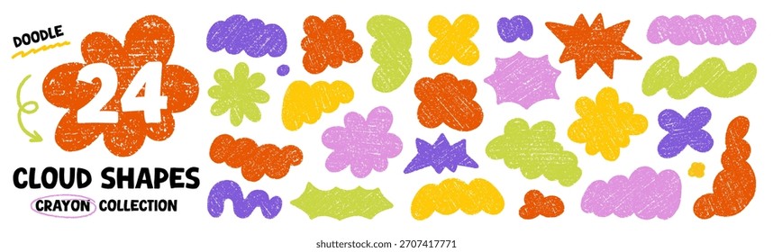 Crayon blob shapes doodle set. Abstract cloud forms and organic groovy figures in sketch style, grunge chalk texture. Hand drawn vector illustration isolated on white background