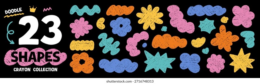 Crayon blob shapes doodle set. Abstract cloud forms and organic groovy figures in sketch style, grunge chalk texture. Hand drawn vector illustration isolated on black background