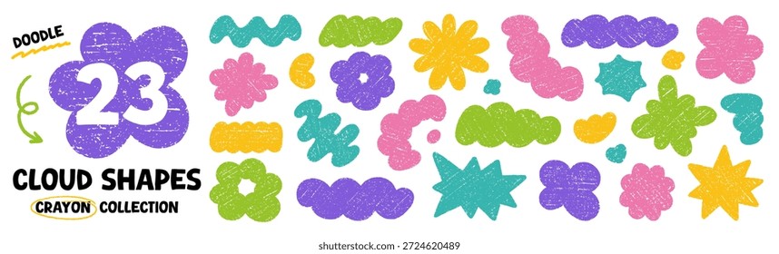 Conjunto de doodle de Formas de gota de crayón. Formas de nubes Abstractas y figuras groovy orgánicas en estilo sketch, textura de tiza grunge. Ilustración vectorial dibujada a mano aislada sobre fondo blanco