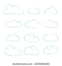 Nuvens azuis de giz de cera. A mão desenhou várias formas de nuvens. Ilustração vetorial sobre fundo branco