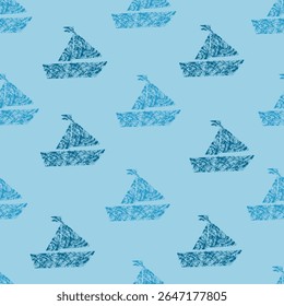 Crayon boats seamless pattern vector illustration. Textured ship repeated ornament. Design for kids goods, nursery, textile, fabric. Sea easthetic drawing.