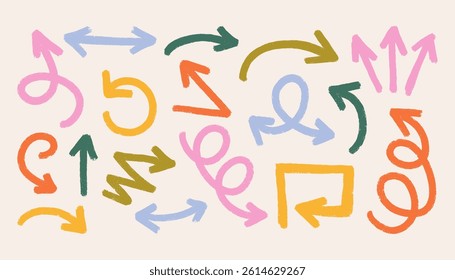 Crayon bold arrows. Doodle arrow collection, child colorful rough pencil pointers direction signs, sketchy lines and marks, simple hand drawn brush elements. Vector arrows set.