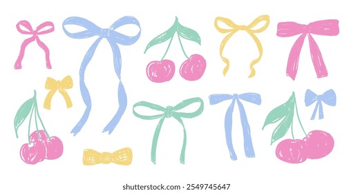 Crayon bow. Coquette ribbons in colorful pastel style. Pencils drawing cherry and bowknots collection for gift decoration. Vector illustration.