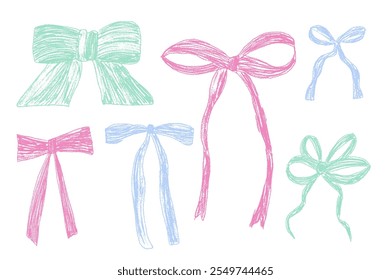 Crayon bow. Coquette scribbles ribbons collection for gift decoration. Preppy pastel colors bowknots. Textured vector illustration pack isolated on white background.