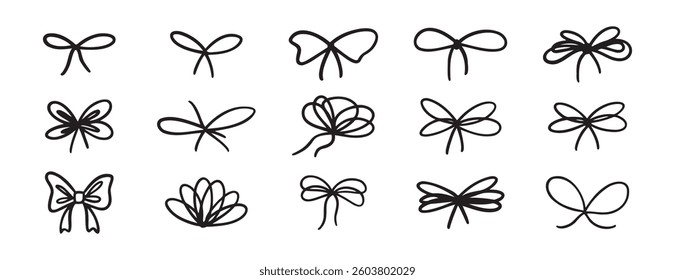 Crayon bow gift ribbons. Bowknot for planner diary, package or letter. Bow line stroke clipart grunge style. Vector chalk bows element set. Vector illustration