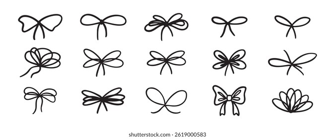 Cintas de regalo de lazo de crayón. Bowknot para agenda, paquete o carta. Estilo grunge del Clipart de trazo de línea de arco. Conjunto de elementos de arcos de tiza de Vector. Ilustración vectorial