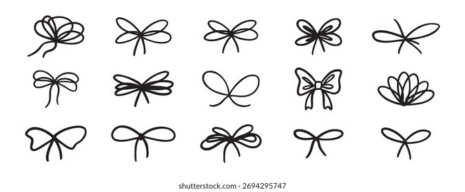 Crayon bow gift ribbons. Bowknot for planner diary, package or letter. Bow line stroke clipart grunge style. Vector chalk bows element set. Vector illustration