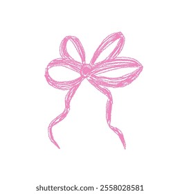 Crayon bow. Pink chalk drawing ribbon for gift box decoration. Holiday packaging band. Vector illustration isolated on white background.