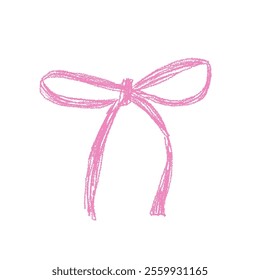 Crayon bow. Pink coquette aesthetic ribbon isolated on white background. Chalk drawing gift decoration. Vector bowknot.