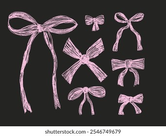 Crayon bow pink set. Chalk drawing ribbons collection. Vector illustration isolated on black background.